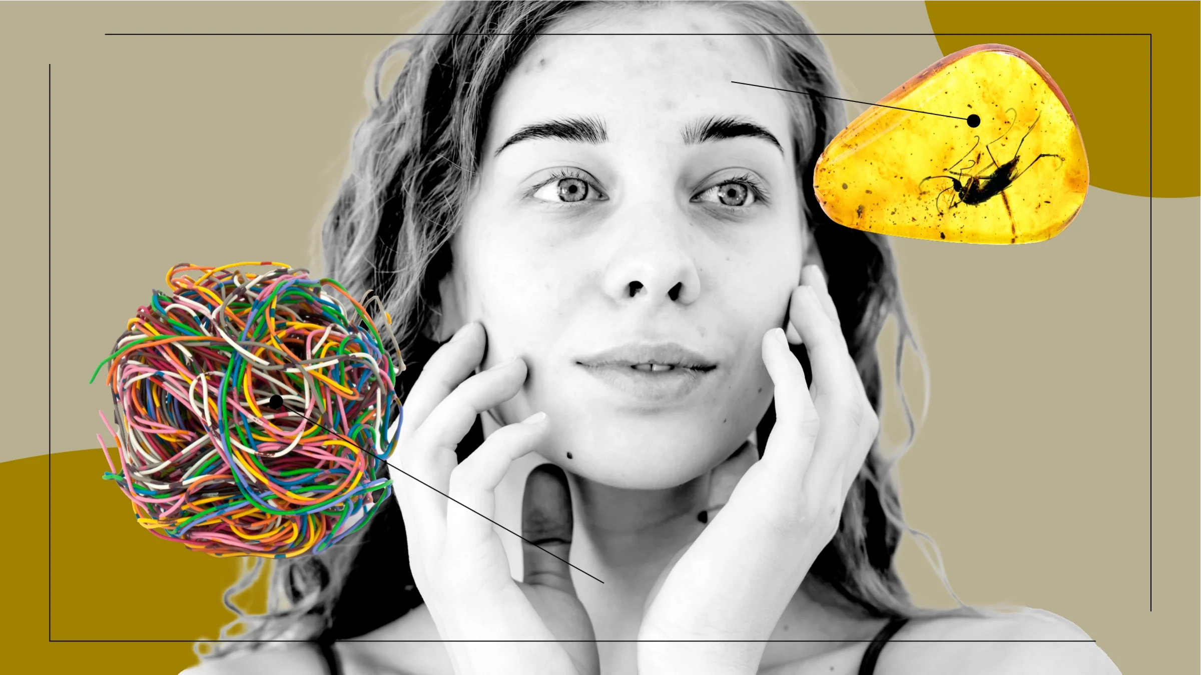  graphic includes a portrait of a woman and images, like a rubber-band ball, that represent what hives feel like.