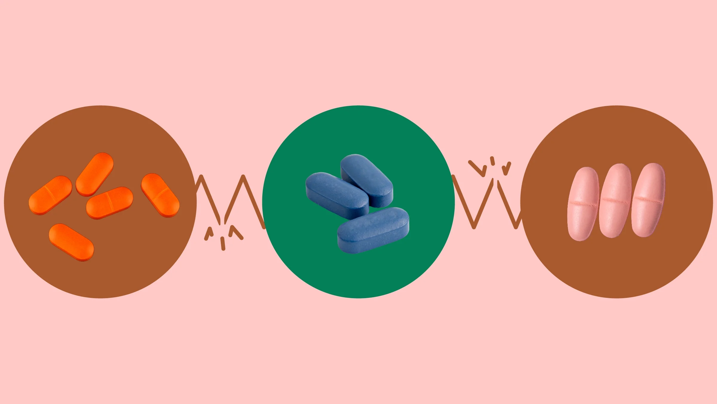 This graphic depicts a light red background with three circles across the frame. In the center, on a green circle, are dark blue pills. On the left, on a red circle, are five orange pills. On the right, on a red circle are three peach colored pills.