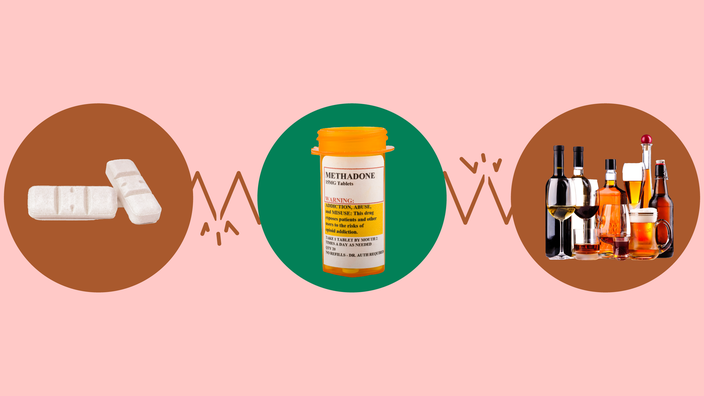 Light red background with three circles across the frame. In the center, on a green circle, is an orange prescription bottle labeled “methadone.” On the left, on a red circle, are two bars of Xanax. On the right, on a red circle, are a variety of alcohol bottles.