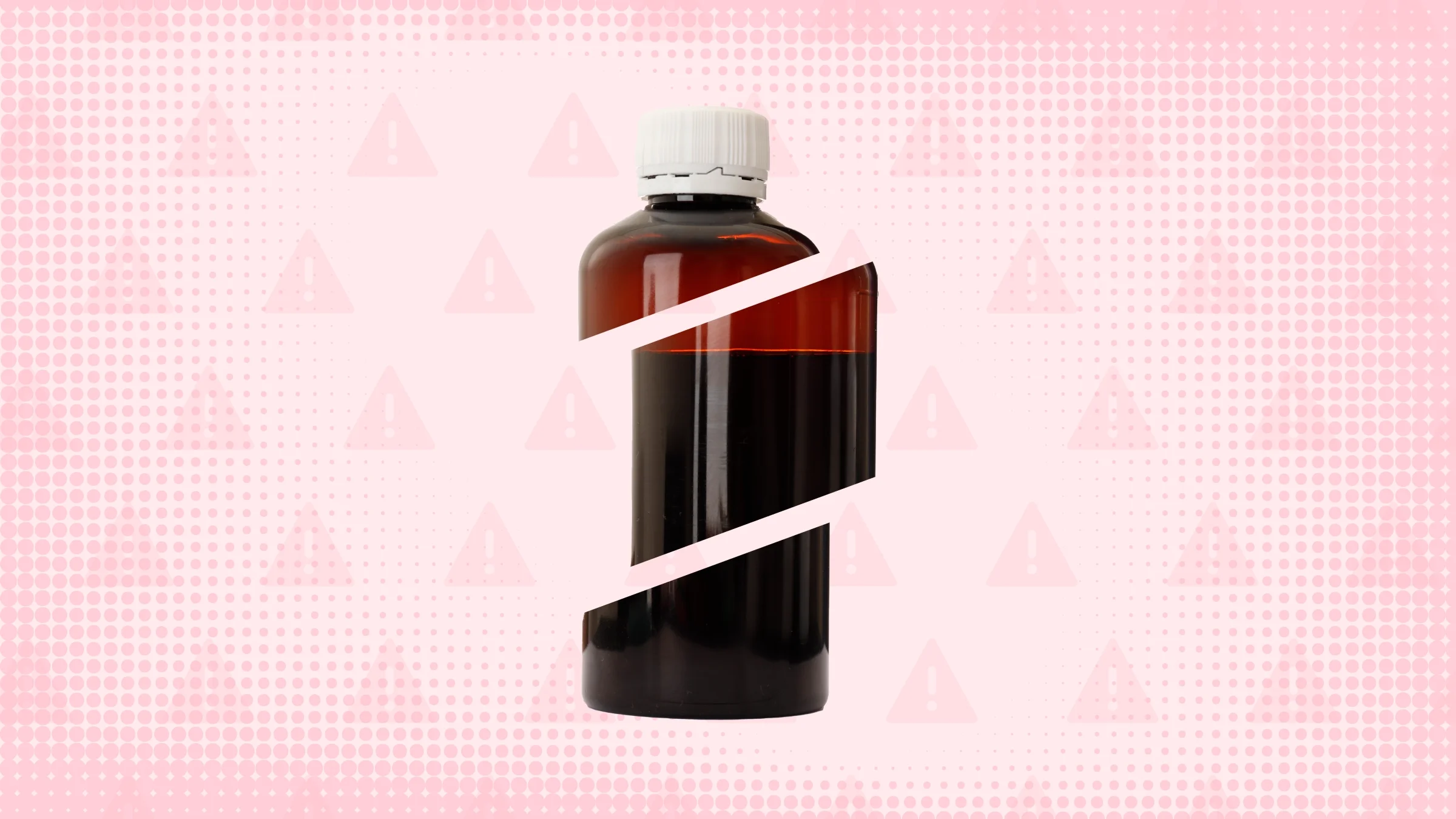 A graphic includes a reddish background with a warning-sign patter and an amber liquid medication bottle cut into thirds.