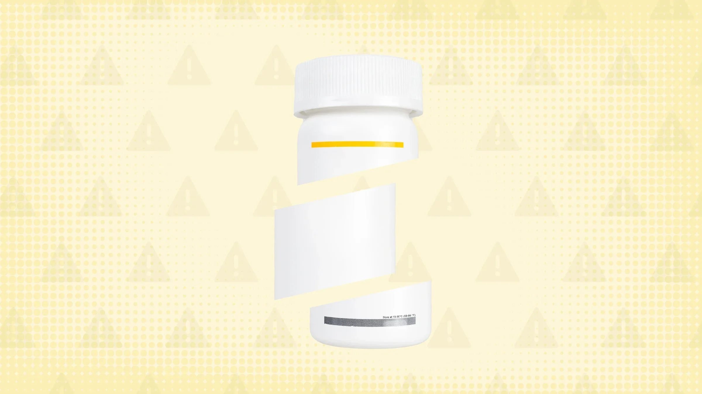 In the centeright yellow background with texture and warning sign pattern is a white pill bottle with a yellow label cut into thirds.  
GoodRx Health