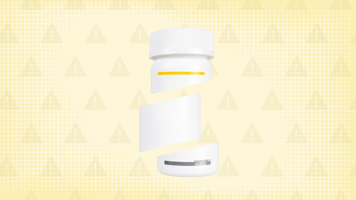 In the centeright yellow background with texture and warning sign pattern is a white pill bottle with a yellow label cut into thirds.  