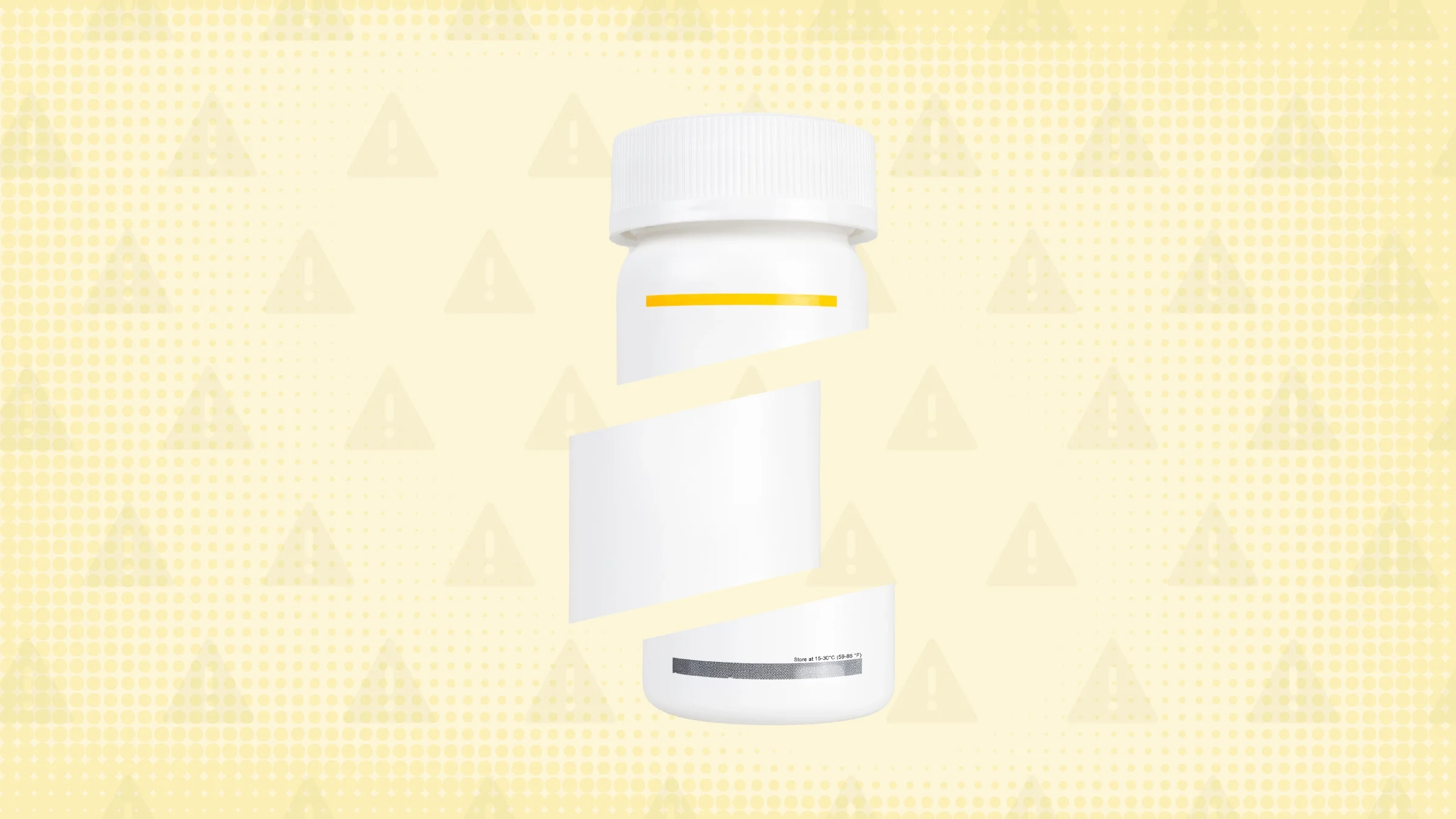 In the centeright yellow background with texture and warning sign pattern is a white pill bottle with a yellow label cut into thirds.