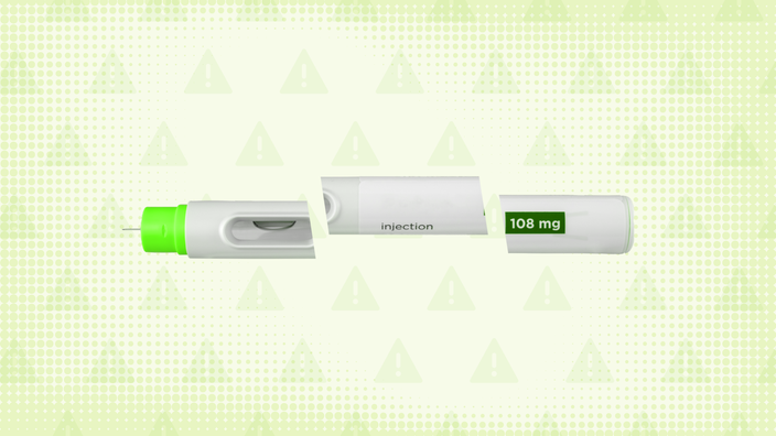 Light-green background with texture and warning sign pattern. In the center is a white-and-green insulin pen cut into thirds. 