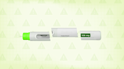 Light-green background with texture and warning sign pattern. In the center is a white-and-green insulin pen cut into thirds. 
GoodRx Health