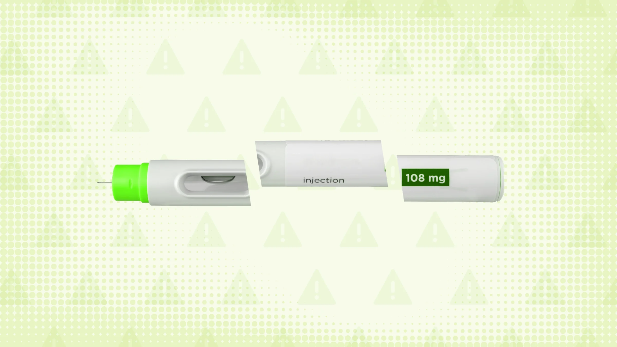 Light-green background with texture and warning sign pattern. In the center is a white-and-green insulin pen cut into thirds.