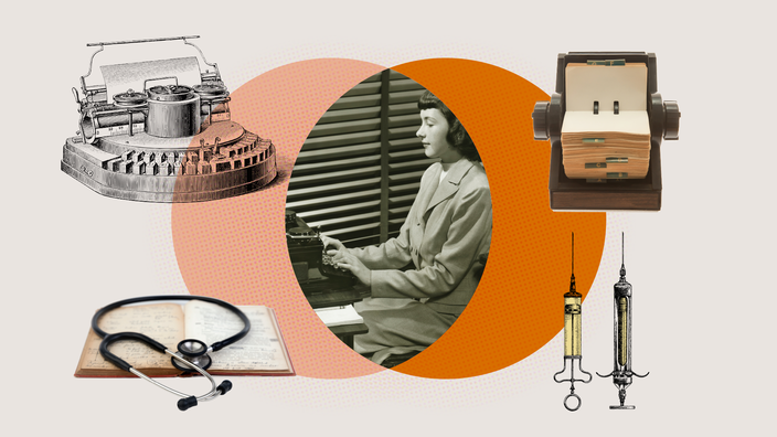 Health and hiring collage: Woman typing on a type writer, with orange and peach circles on either side of her, with various old typing and medical instruments around.