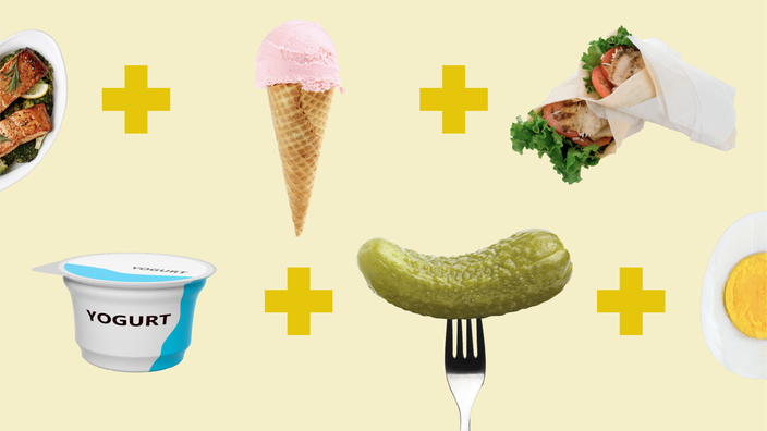 Light yellow background with two rows of food items separated by yellow plus signs. Top row, left to right: salmon and veggies meal, ice cream cone, and grilled chicken wrap. Bottom row, left to right: plain yogurt, pickle on a fork, and half a boiled egg. 