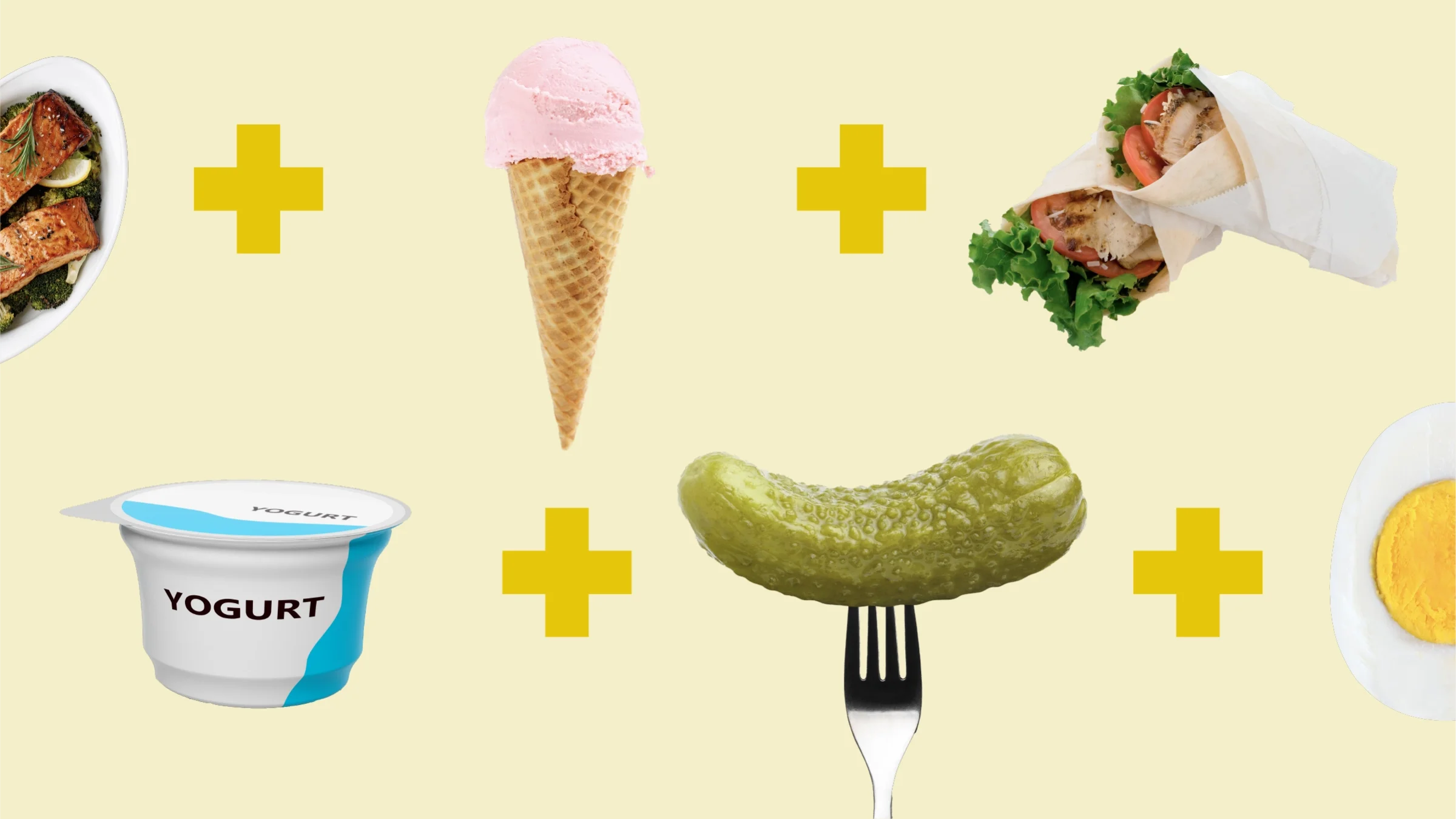 Light yellow background with two rows of food items separated by yellow plus signs. Top row, left to right: salmon and veggies meal, ice cream cone, and grilled chicken wrap. Bottom row, left to right: plain yogurt, pickle on a fork, and half a boiled egg. 