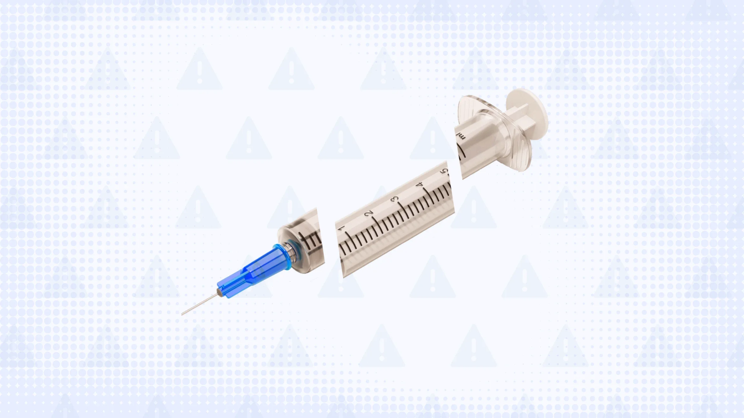 Light blue background with texture and warning sign pattern. In the center is a syringe with a blue tip cut into thirds. 
GoodRx Health
