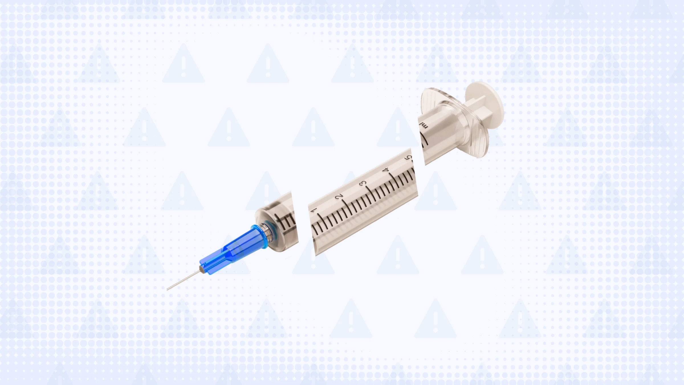 Light blue background with texture and warning sign pattern. In the center is a syringe with a blue tip cut into thirds. 