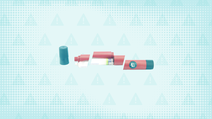 A graphic includes a teal warning-sign pattern with a reddish and teal autoinjector cut into thirds.