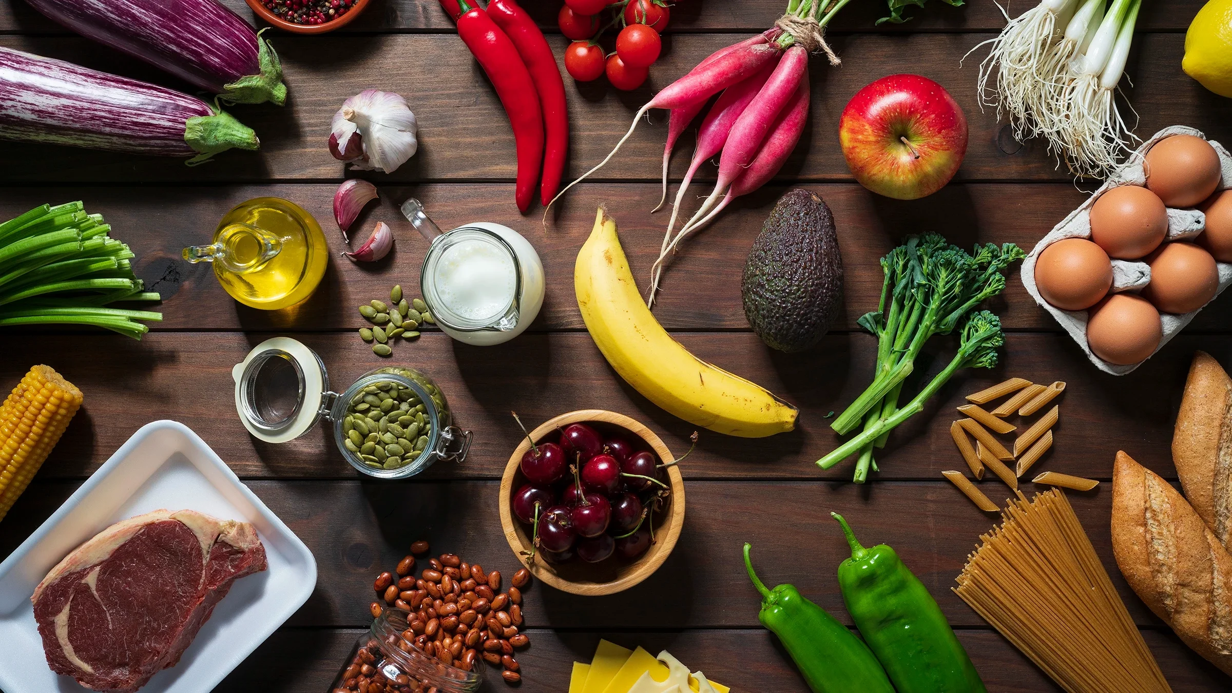 Overhead view of ingredients on a table top.
