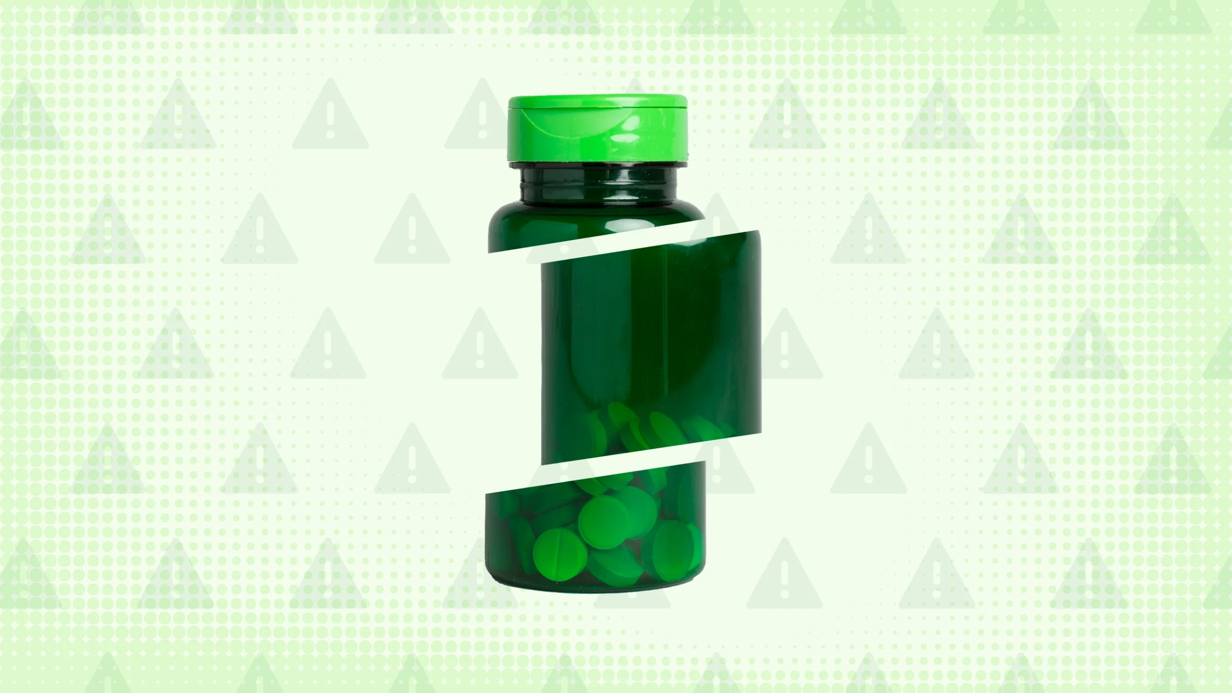 A custom graphic features a green background with a warning sign pattern and a green vitamin bottle cut into thirds. 