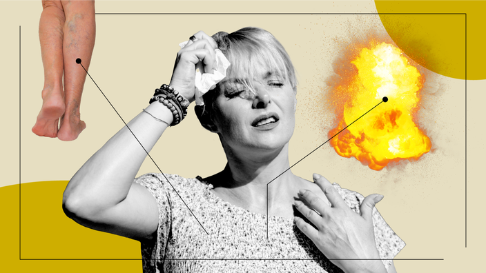 A custom graphic includes a photo of a woman experiencing a hot flash, surrounded by representations of how it feels, including a fiery explosion.