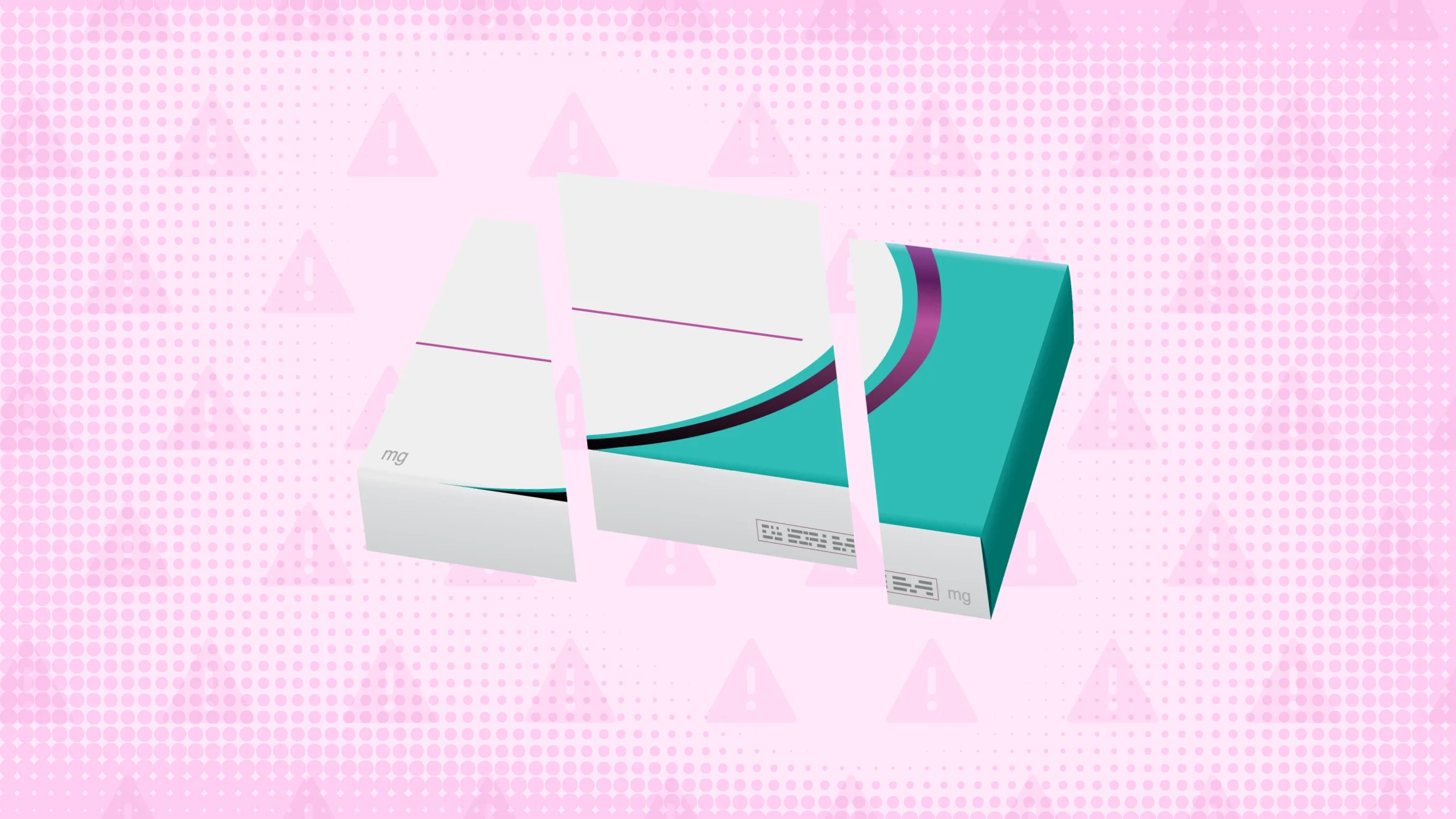 In the center of a pink-purple background with texture and warning sign pattern is a prescription box with teal and purple accents cut into thirds. 