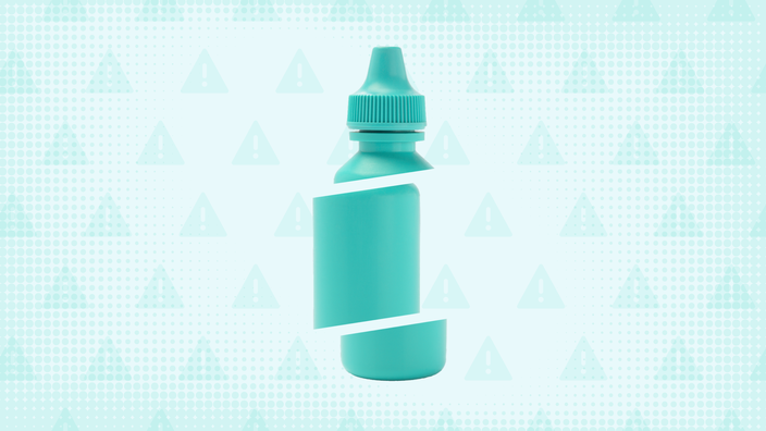 Teal background with texture and warning sign pattern. In the center is a teal eye drop bottle cut into thirds.