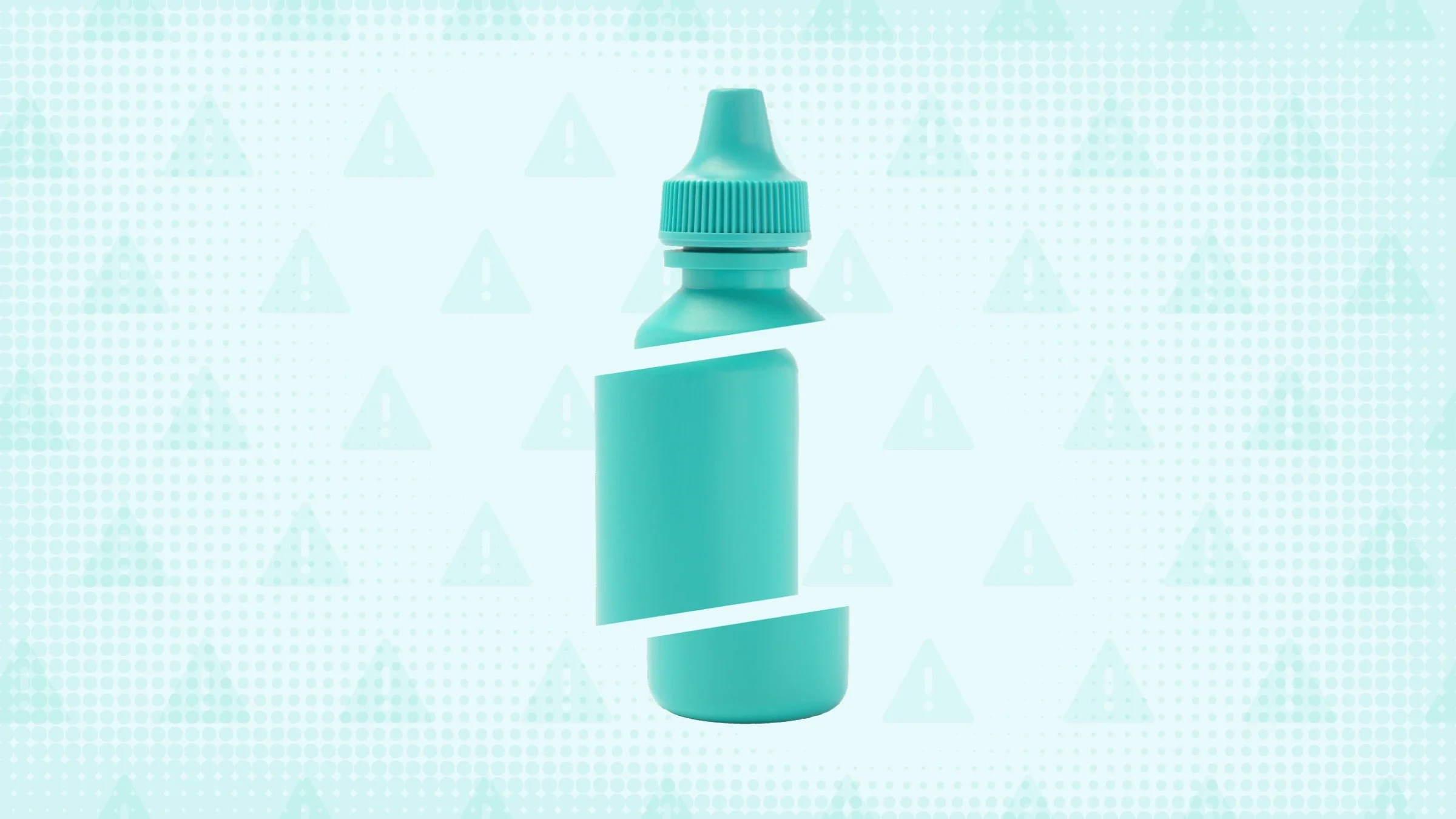Teal background with texture and warning sign pattern. In the center is a teal eye drop bottle cut into thirds.