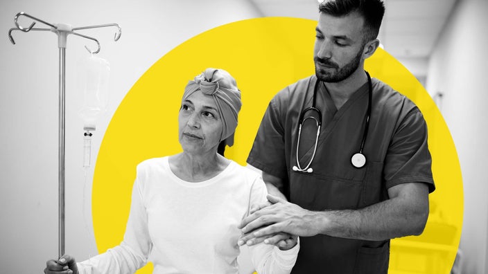 Black and white image of a nurse helping a chemo patient walk down the hallway. There is an added yellow graphic circle behind them in the frame.