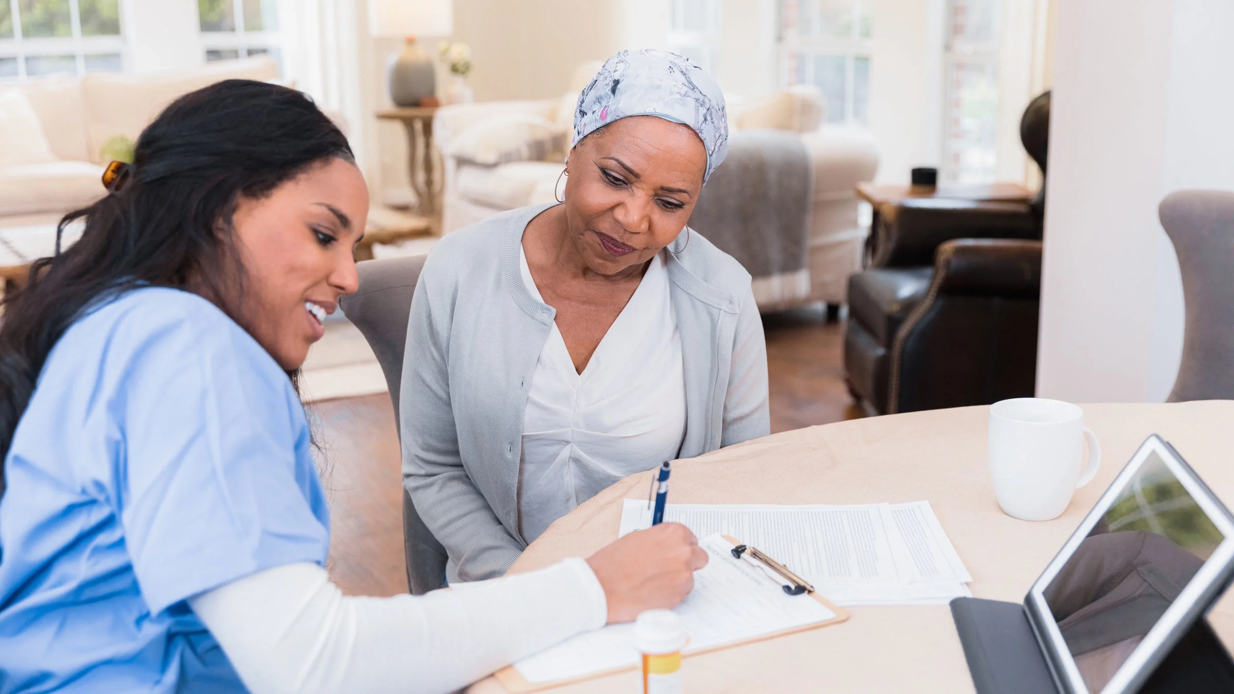 A nurse is talking with an older adult about long-term care options.
