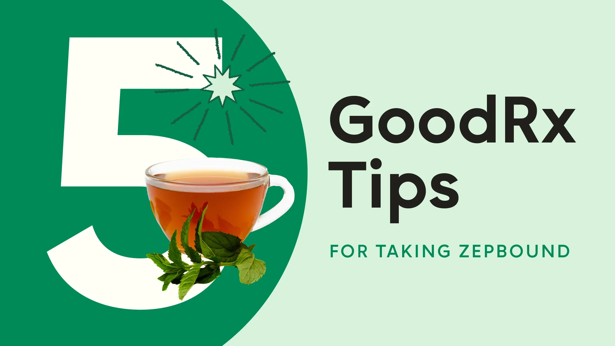 A graphic reads “5 GoodRx Tips for Taking Zepbound,” with a glass of peppermint tea and mint leaves on the number five. 
GoodRx Health 