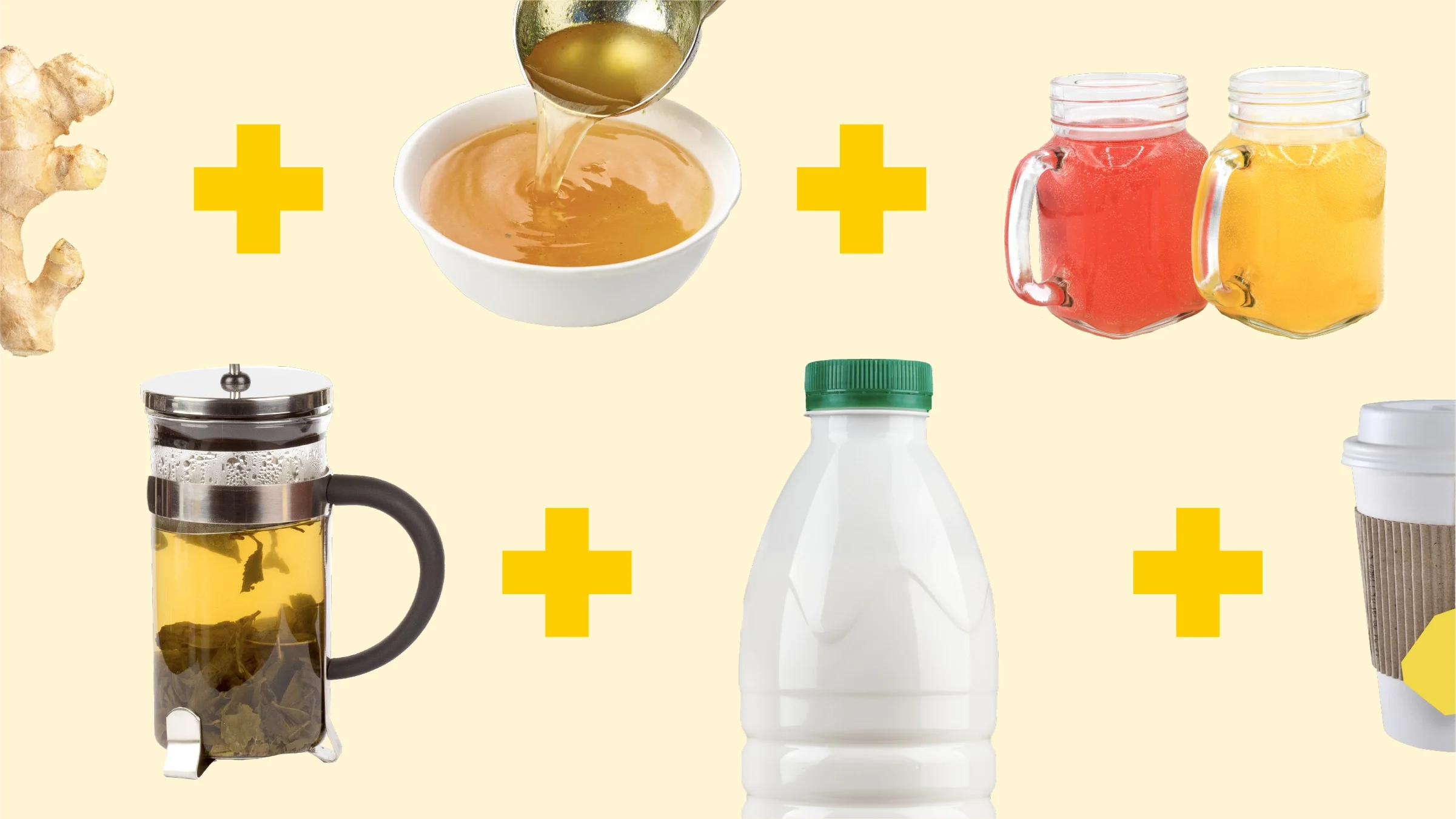 Light-yellow background with two rows of items that are on Julie Balsamo’s list of gut-healthy drinks. The items are separated by yellow plus signs. In the top row, left to right: ginger root, a cup of bone broth, and two glasses of kombucha. In the bottom row, left to right: peppermint tea steeping in a press, a bottle of kefir, and a to-go tea with a yellow tea tag. 