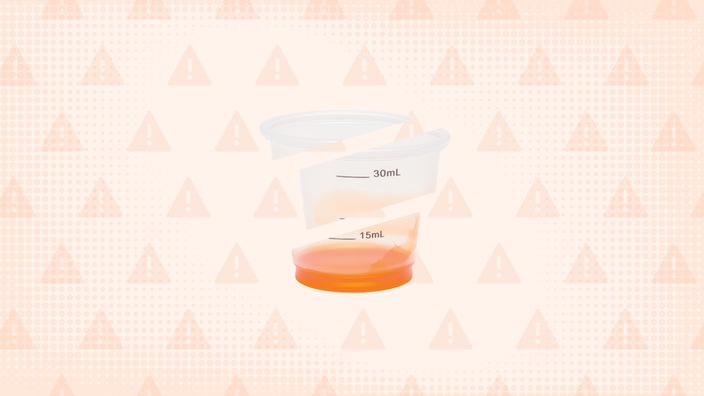 Light-orange background with texture and a warning sign pattern. In the center is a liquid medication cup cut into thirds. 