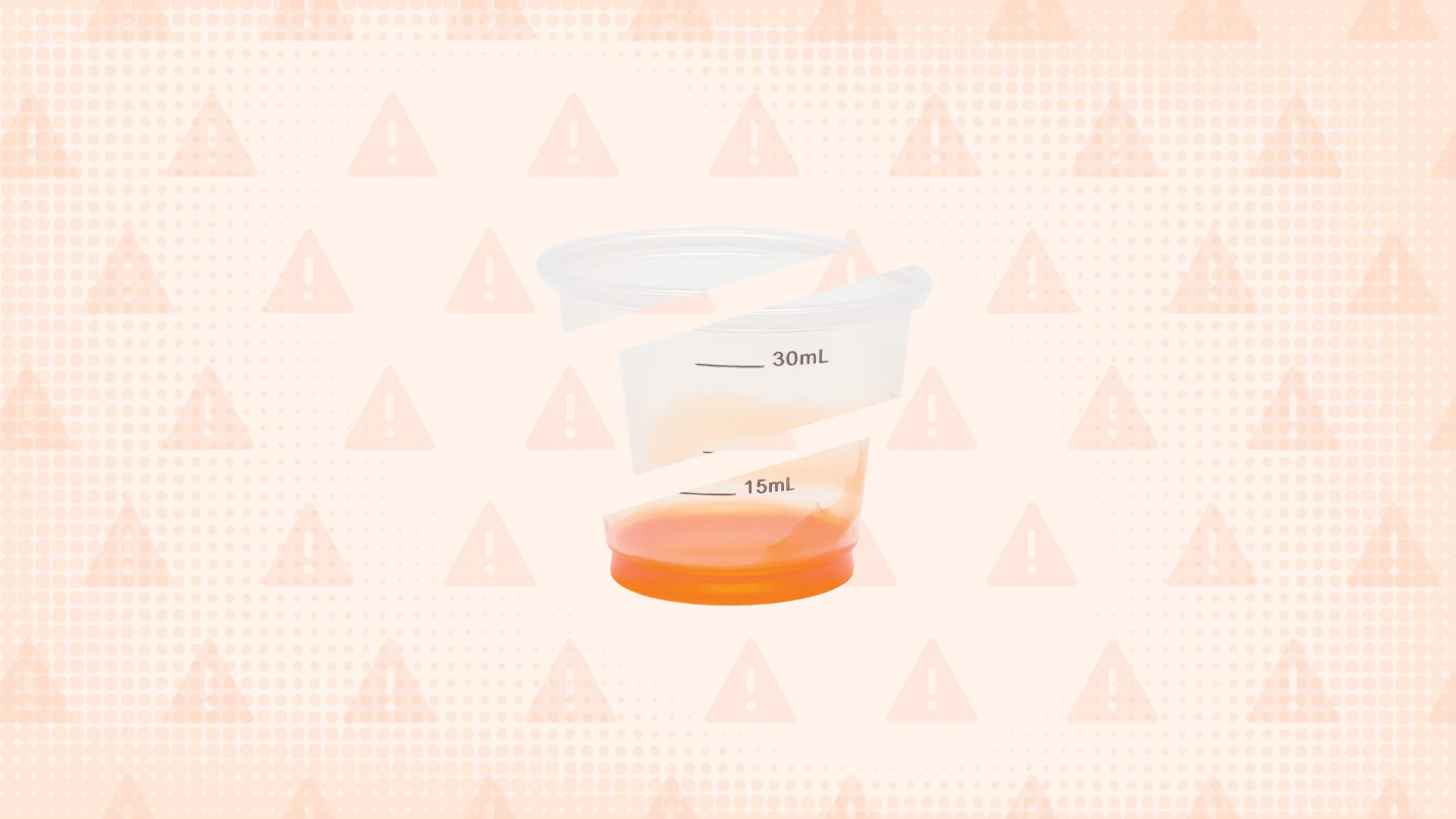 Light-orange background with texture and a warning sign pattern. In the center is a liquid medication cup cut into thirds. 
GoodRx Health