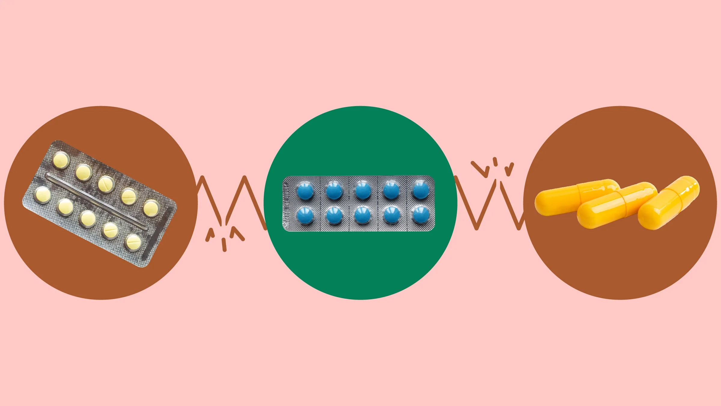 The images shows a light red background with three circles across the frame. In the center, on a green circle, is a blister pack of round blue pills. On the left, on a red circle, is a blister pack of round yellow pills. On the right, on a red circle, is a row of three yellow capsule pills.