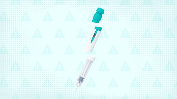 Teal background with halftone texture and warning sign pattern. In the center is a teal pen injector cut into thirds. 