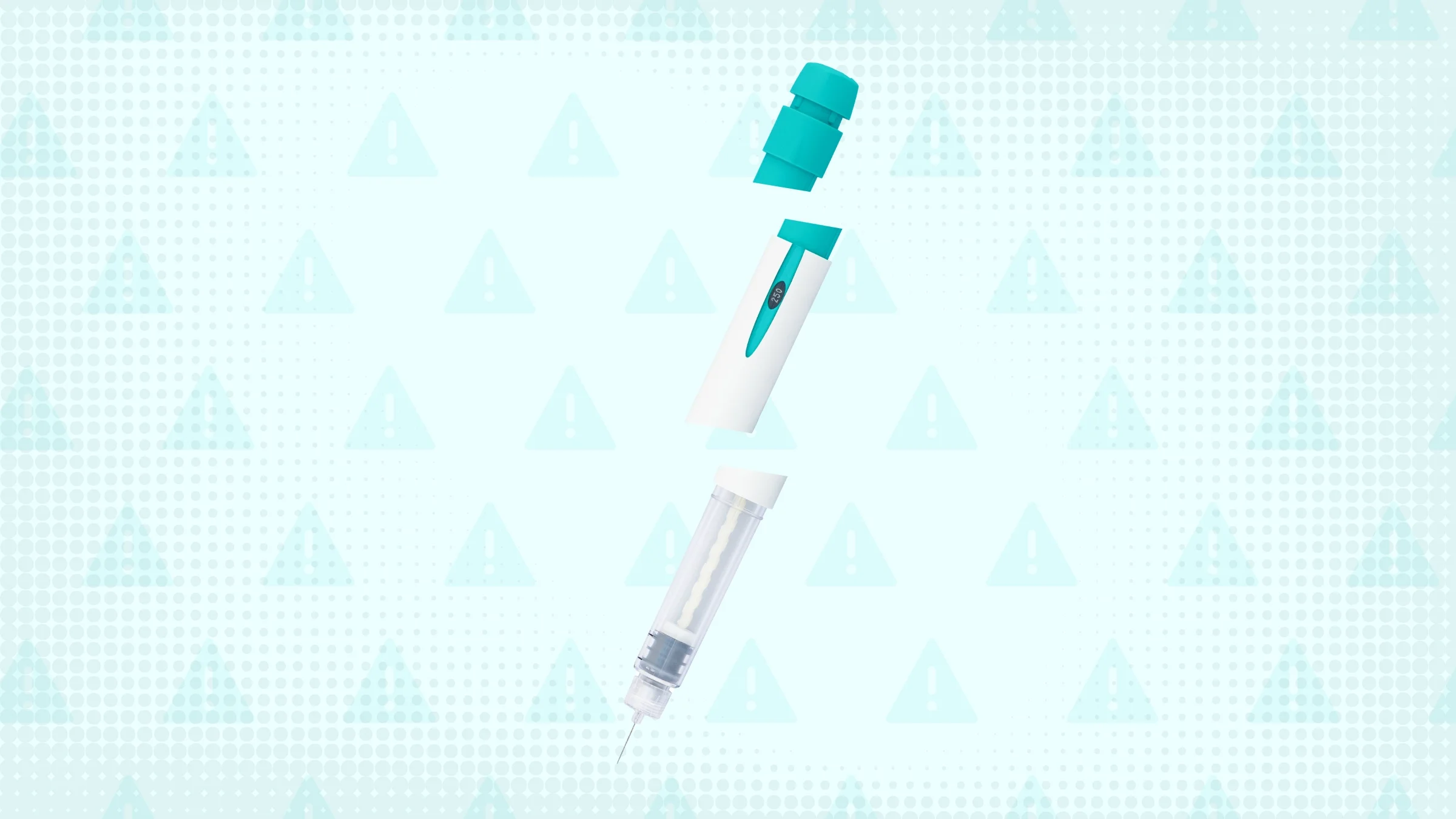 Teal background with halftone texture and warning sign pattern. In the center is a teal pen injector cut into thirds. 