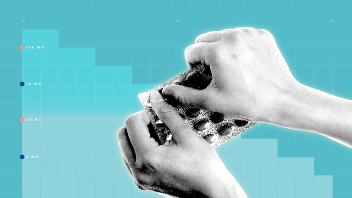 A black-and-white cutout of hands opening a blister pack is set against a blue graph-paper background and step graph. 