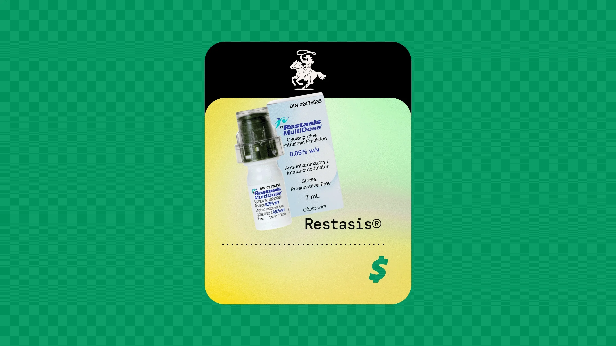 A graphic includes an image of Restasis against a green and yellow background with a dollar sign below it.