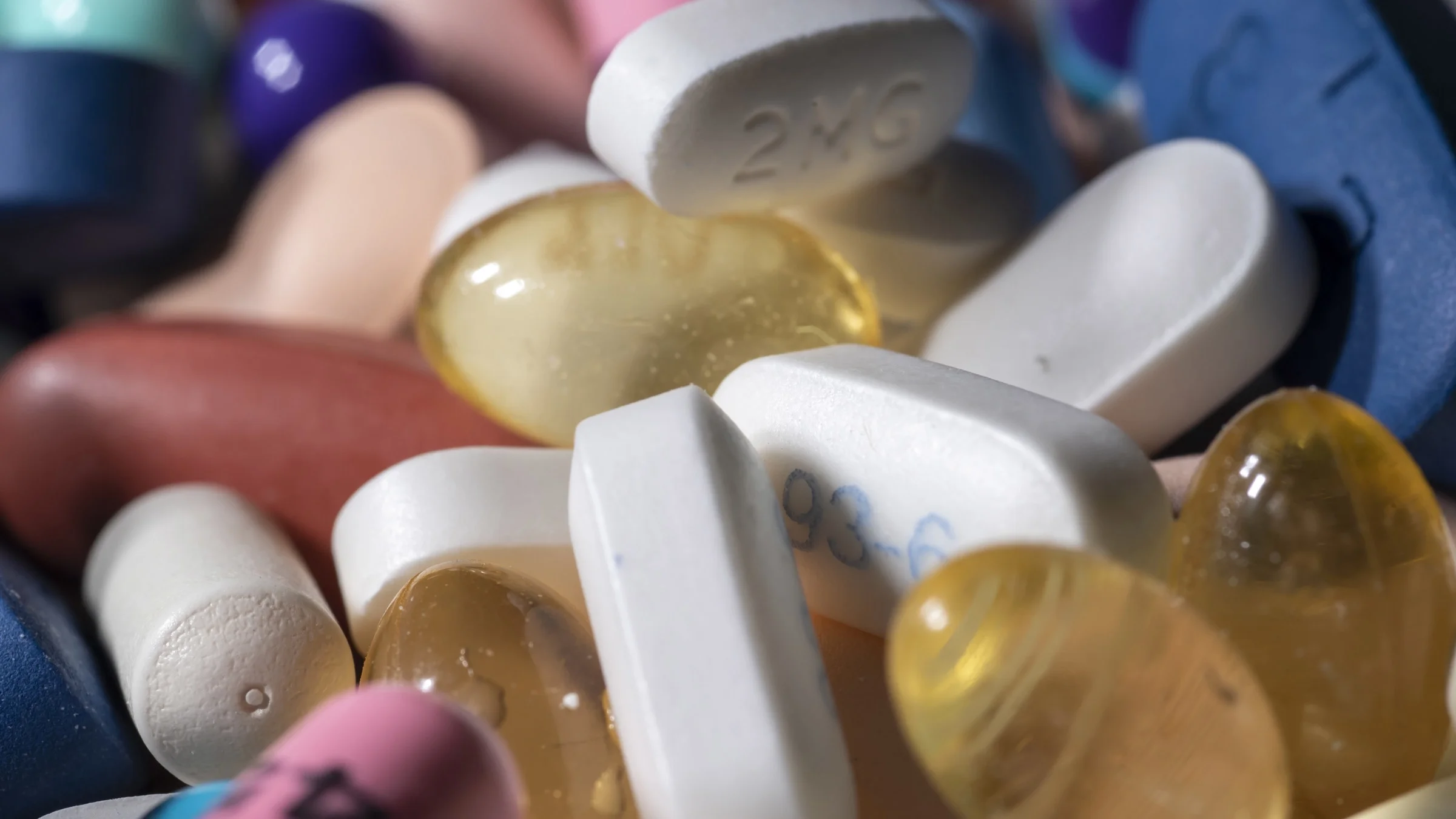 An assortment of colorful pills.