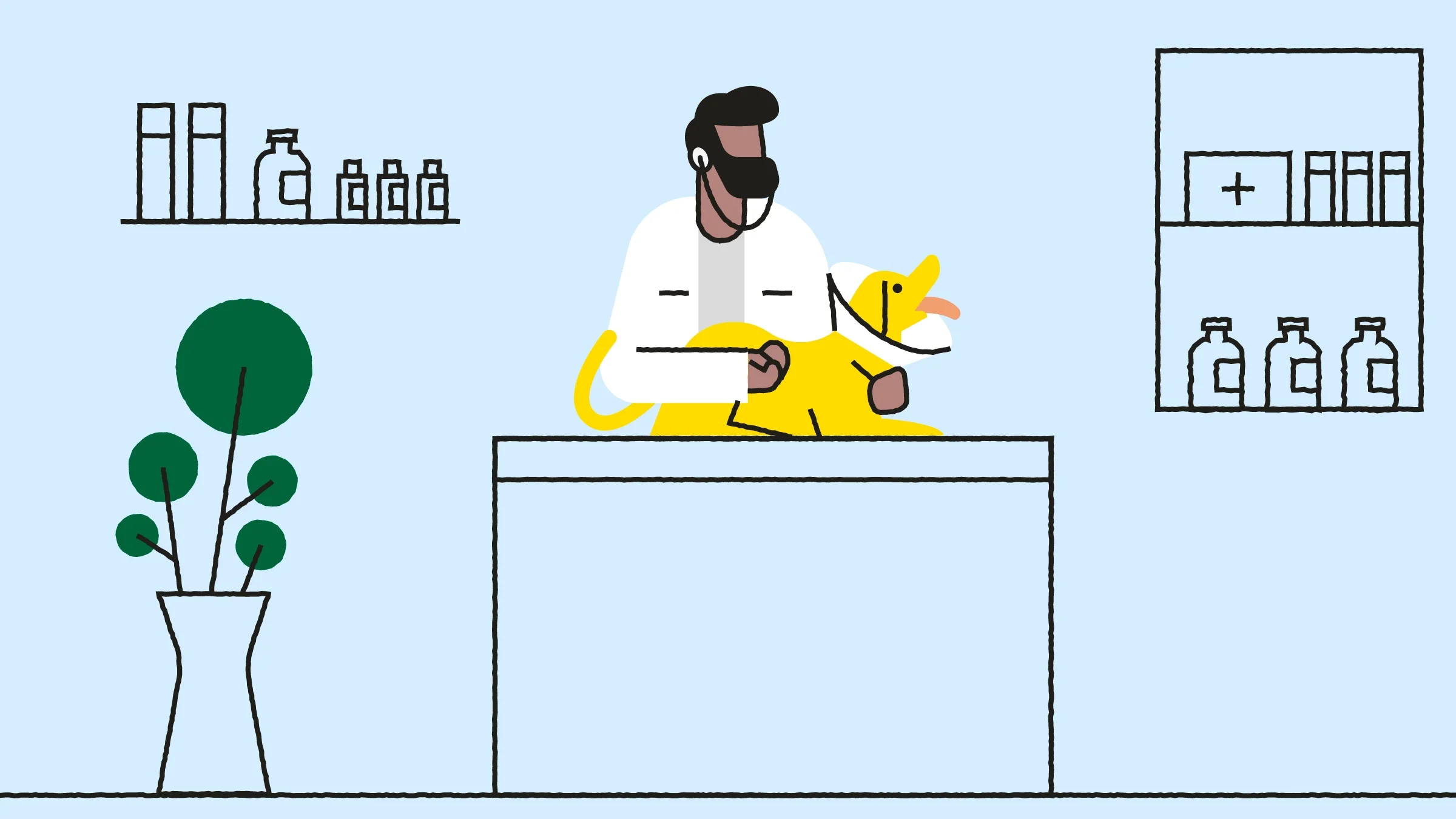 Blue background with illustrated scene of a vet checking the vials of a dog on an exam table. 