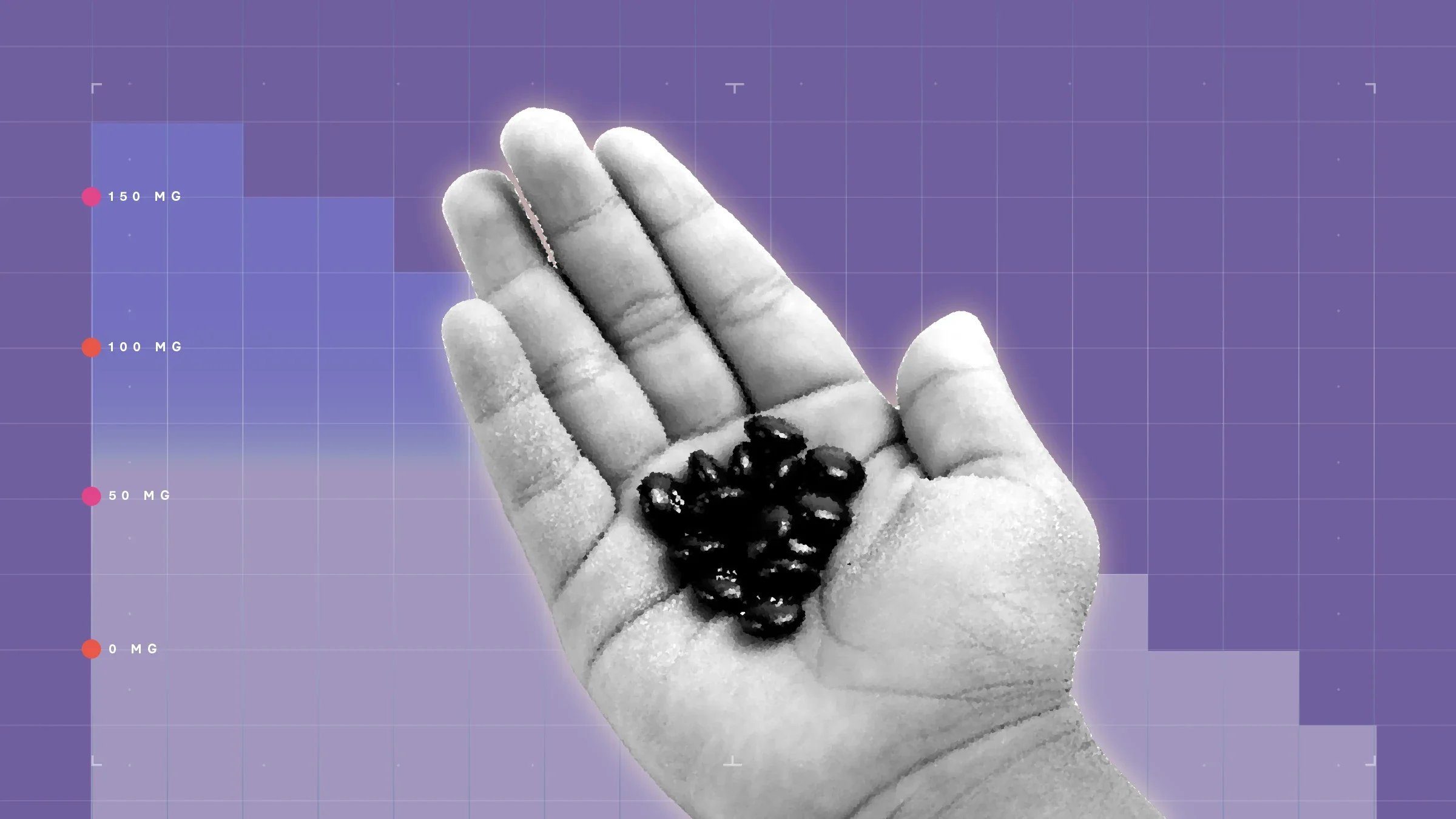 Purple background with graph paper texture and representational step graph. In the center is a black and white cutout of a hand holding a pile of pills.
GoodRx Health