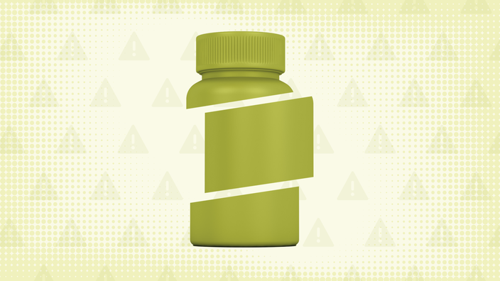 In the center of a light green background with texture and warning sign pattern is a lime green pill bottle cut into thirds. 