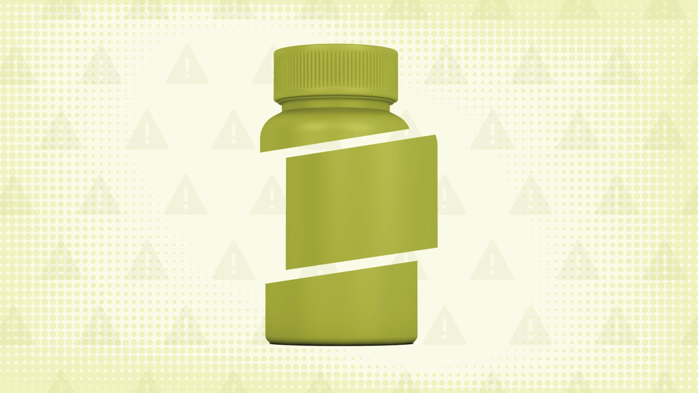 In the center of a light green background with texture and warning sign pattern is a lime green pill bottle cut into thirds. 
GoodRx Health