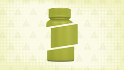In the center of a light green background with texture and warning sign pattern is a lime green pill bottle cut into thirds. 
GoodRx Health
