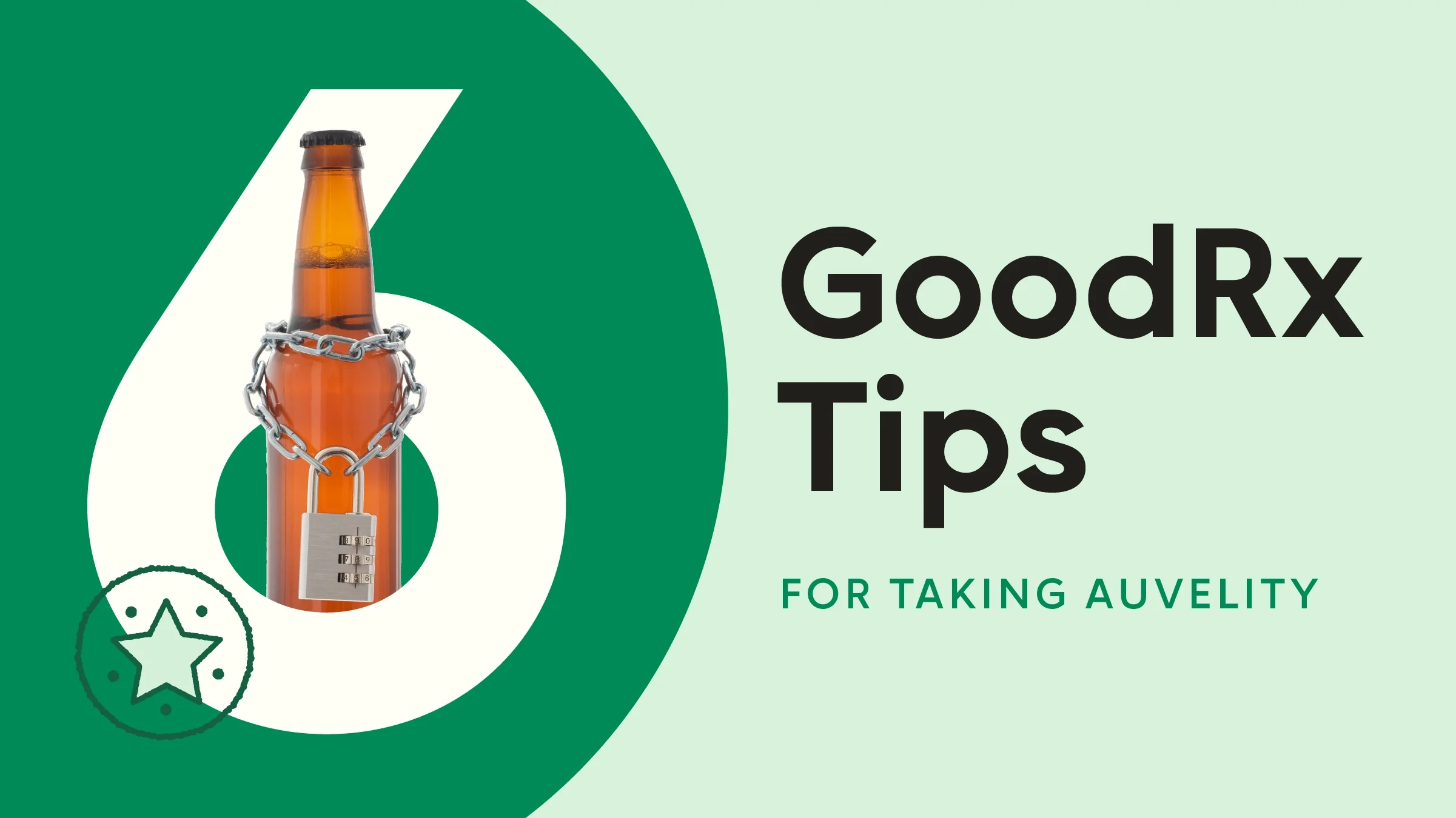 A graphic has text reading “6 GoodRx Tips for Taking Auvelity” with a padlocked beer bottle behind the number six. 