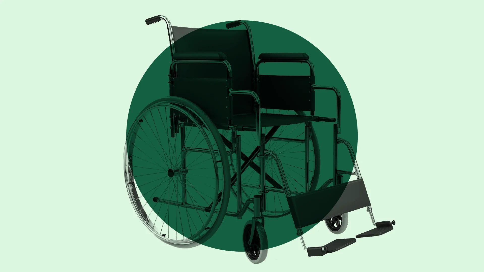 Custom graphic of a wheelchair on a light green background. There is a dark green circle behind the wheelchair as well.