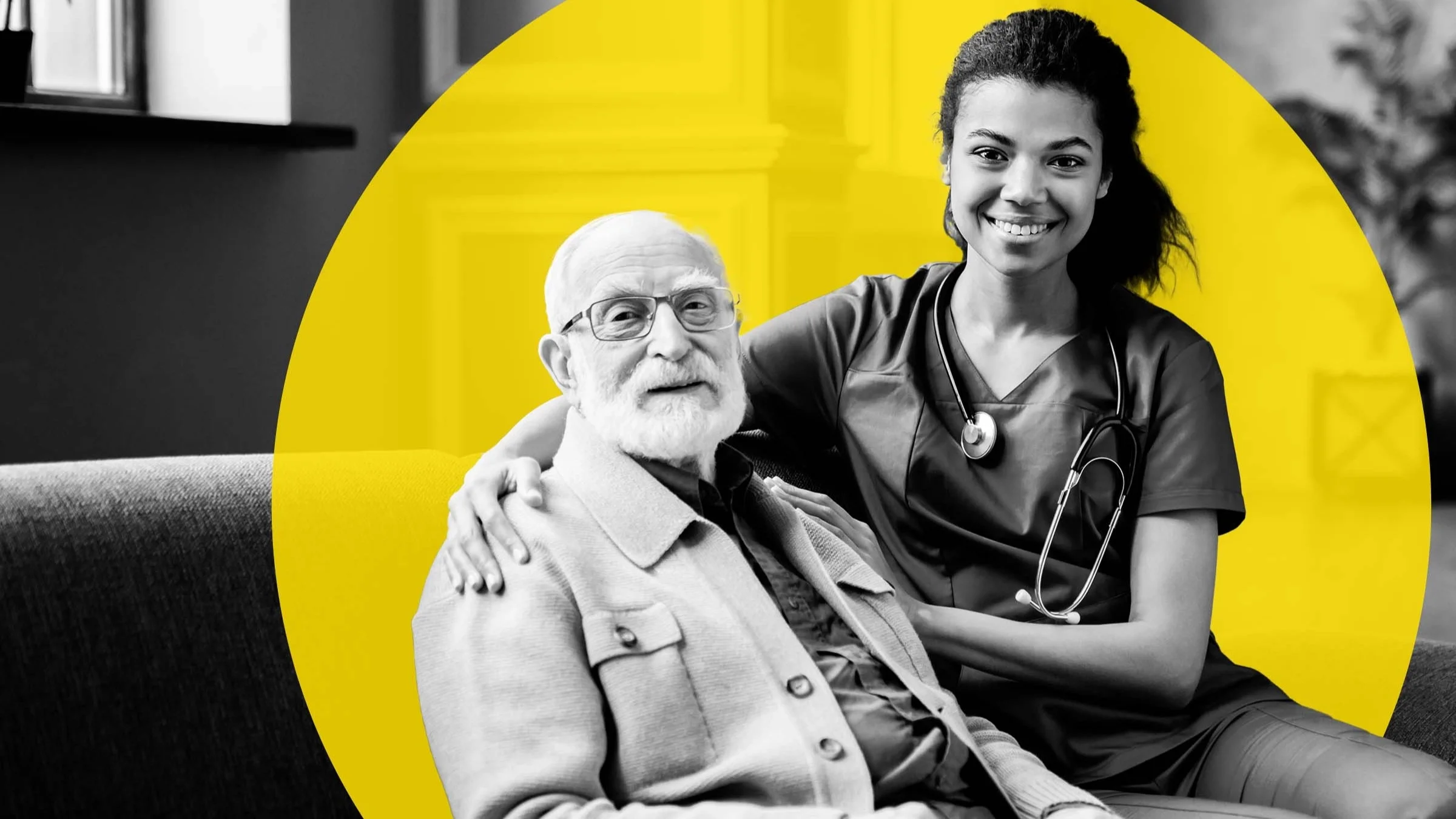Black and white portrait of an elderly man and his at home nurse. There is an added yellow graphic circle behind them.