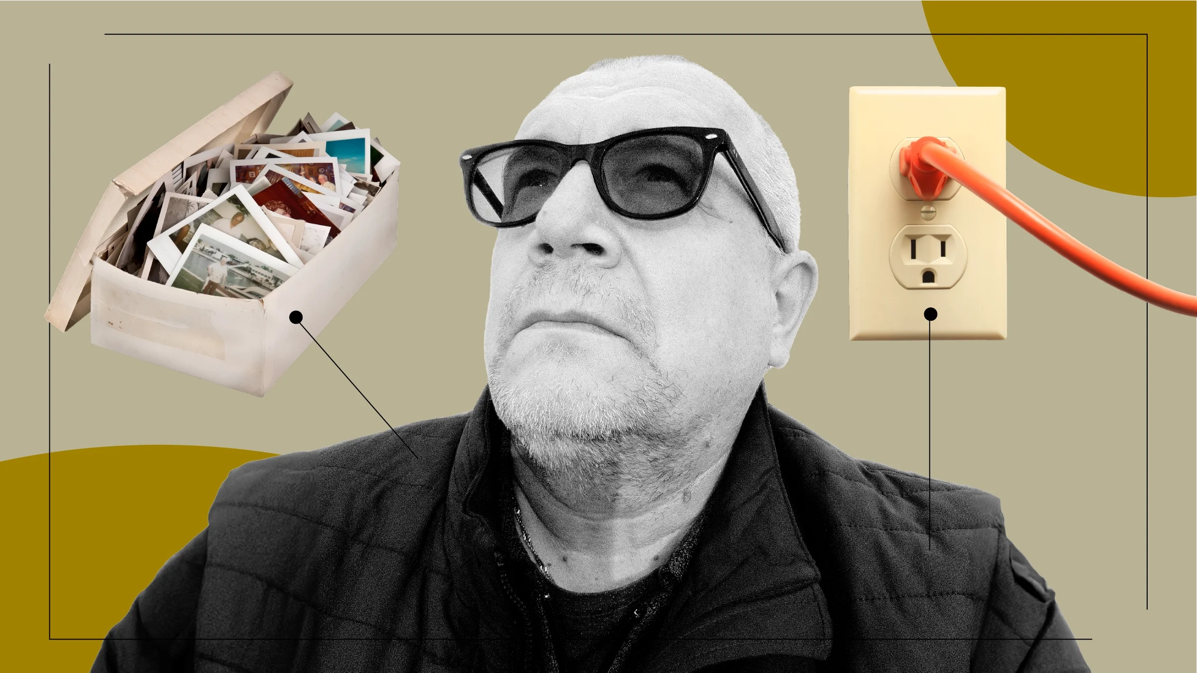 A graphic includes a portrait of a man and images representing what sarcoidosis feels like, including a box of photos.