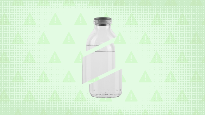In the center of a light green background with texture and warning sign pattern is a large medication vial cut into thirds. 