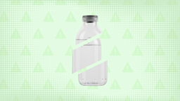 In the center of a light green background with texture and warning sign pattern is a large medication vial cut into thirds. 
GoodRx Health