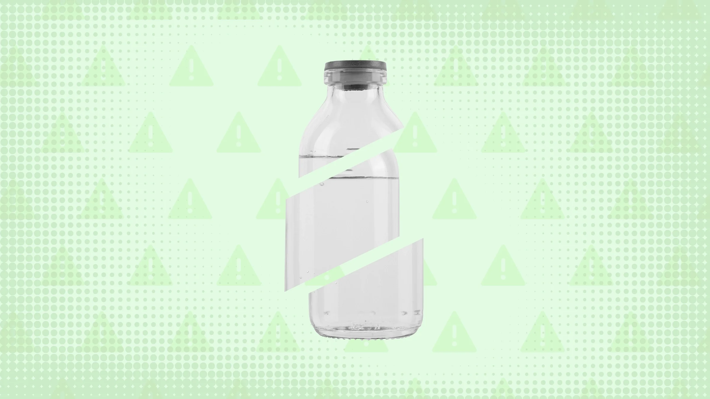 In the center of a light green background with texture and warning sign pattern is a large medication vial cut into thirds. 