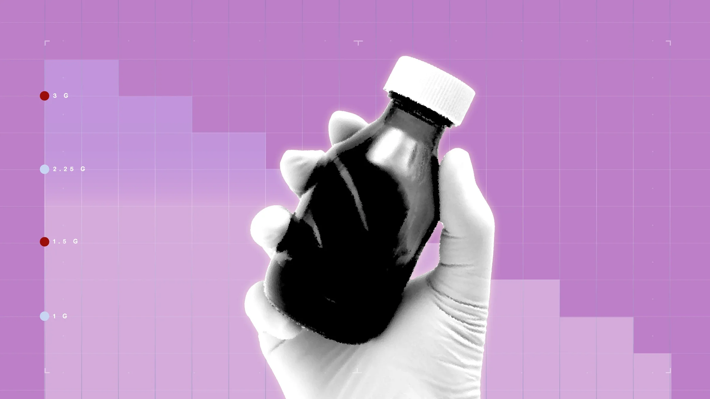 Light purple-pink background with graph paper texture and representative step graph. In the center is a black-and-white cutout of a gloved hand holding a liquid medicine bottle. 
GoodRx Health
