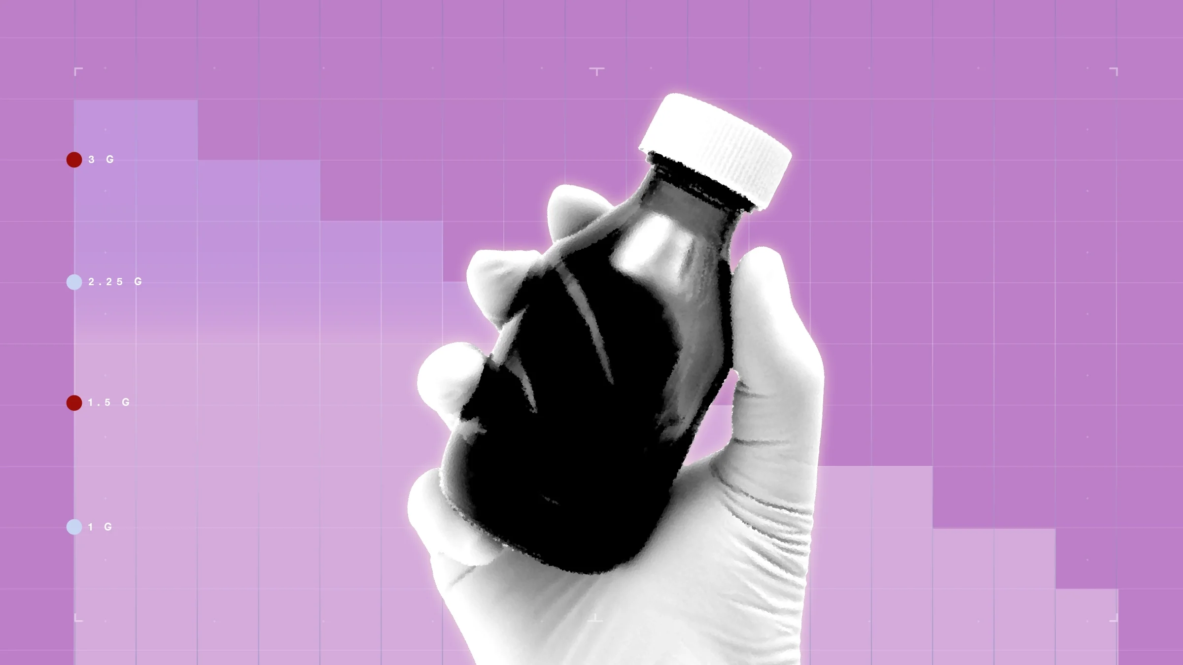 Light purple-pink background with graph paper texture and representative step graph. In the center is a black-and-white cutout of a gloved hand holding a liquid medicine bottle. 