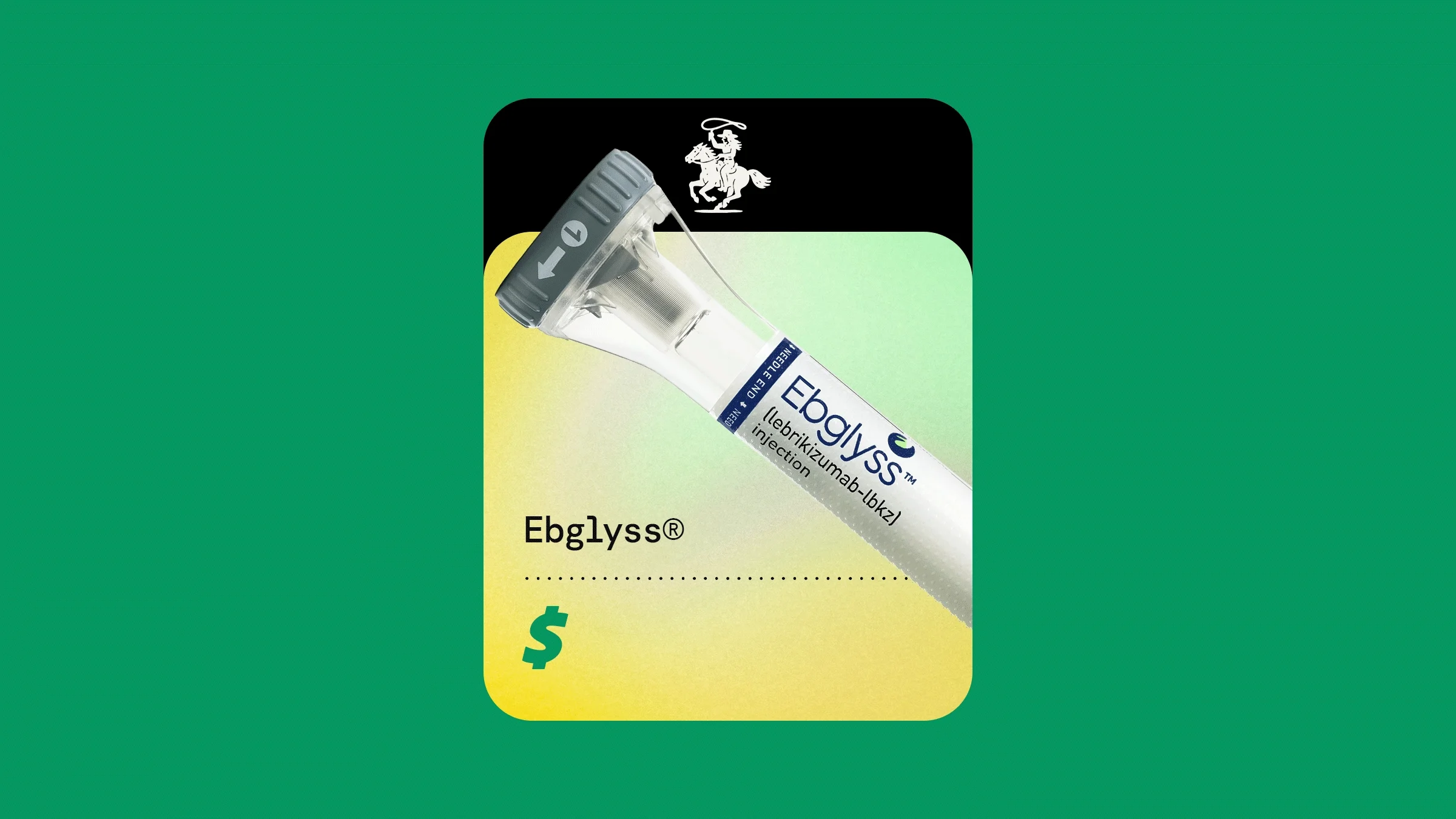 A graphic includes an image of Ebglyss against a green and yellow background with a dollar sign below it.