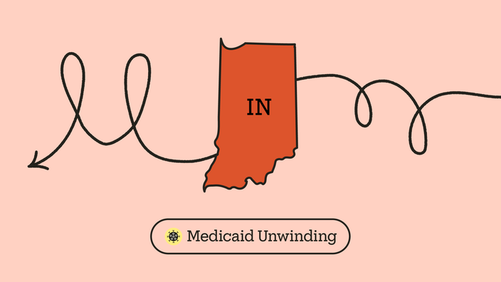 Light red-pink background with red state outline of Indiana in the center. There is a looping arrow across the frame creating the letter “M.” At the bottom it reads “Medicaid Unwinding” with a COVID-19 icon.